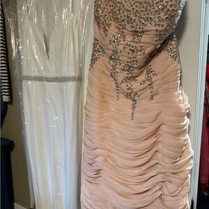 Strapless Blush Pink Ruched Evening Dress with Crystal Embellishment